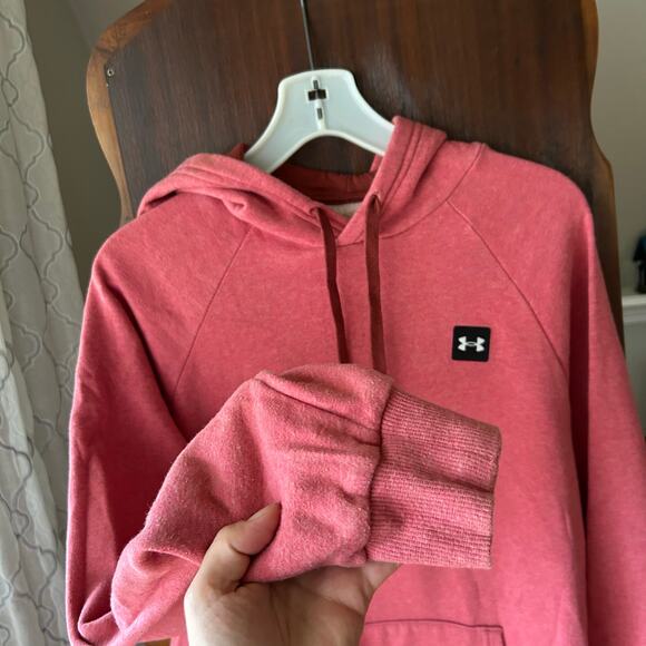 Under Armour Hoodie Womens Medium Red Heather Loose Coldgear Fleece Patch Logo - Picture 6 of 9